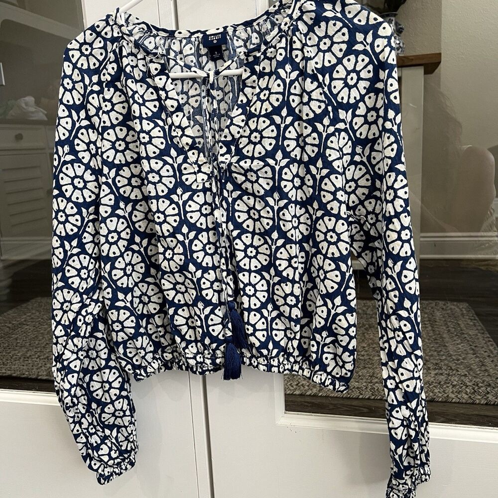 Roller Rabbit x Target Daisy Floral Boho Long Sleeve Top Blue White Size Small